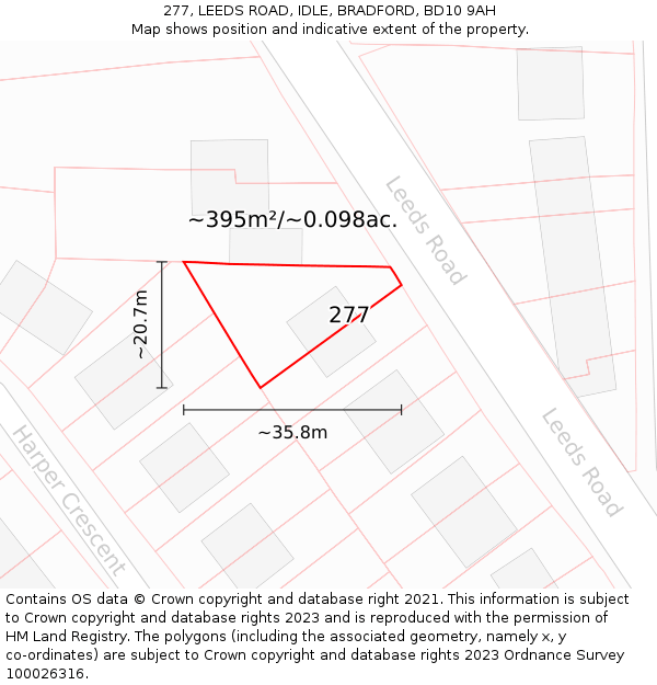 277, LEEDS ROAD, IDLE, BRADFORD, BD10 9AH: Plot and title map