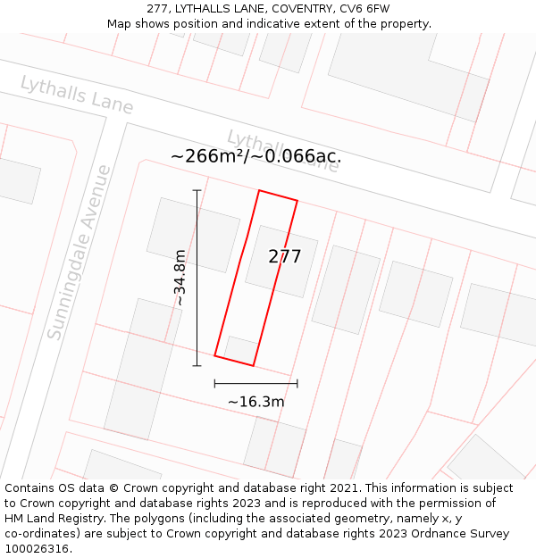 277, LYTHALLS LANE, COVENTRY, CV6 6FW: Plot and title map