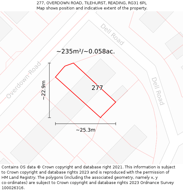 277, OVERDOWN ROAD, TILEHURST, READING, RG31 6PL: Plot and title map