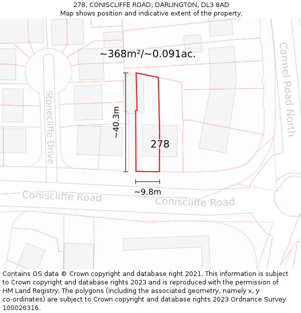 278, CONISCLIFFE ROAD, DARLINGTON, DL3 8AD: Plot and title map