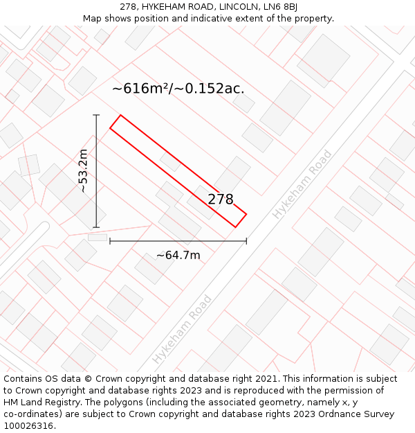 278, HYKEHAM ROAD, LINCOLN, LN6 8BJ: Plot and title map