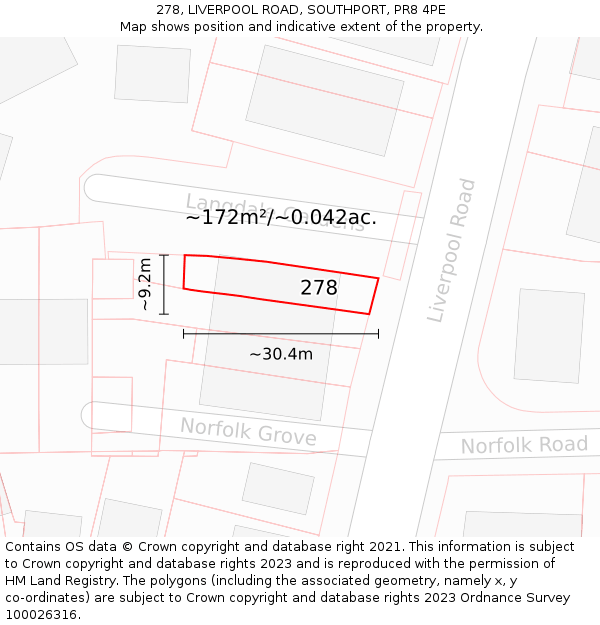 278, LIVERPOOL ROAD, SOUTHPORT, PR8 4PE: Plot and title map