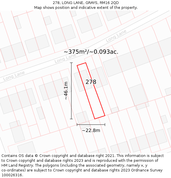 278, LONG LANE, GRAYS, RM16 2QD: Plot and title map