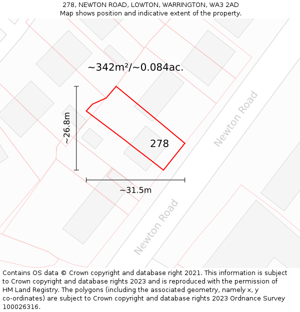 278, NEWTON ROAD, LOWTON, WARRINGTON, WA3 2AD: Plot and title map