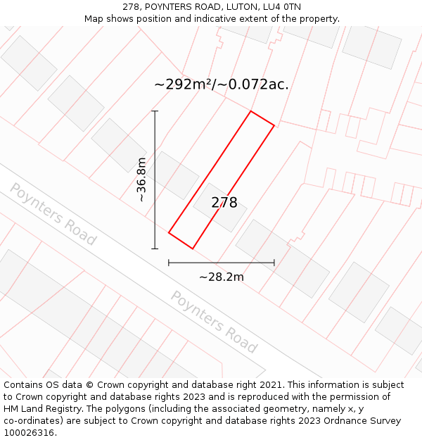 278, POYNTERS ROAD, LUTON, LU4 0TN: Plot and title map