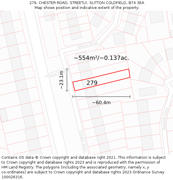 279, CHESTER ROAD, STREETLY, SUTTON COLDFIELD, B74 3EA: Plot and title map