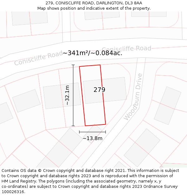 279, CONISCLIFFE ROAD, DARLINGTON, DL3 8AA: Plot and title map