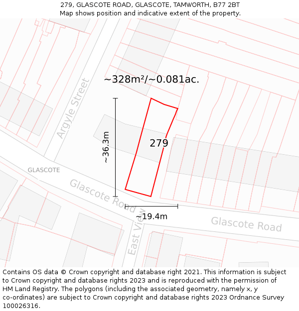 279, GLASCOTE ROAD, GLASCOTE, TAMWORTH, B77 2BT: Plot and title map