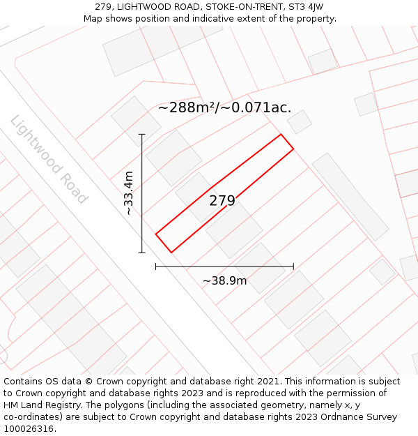 279, LIGHTWOOD ROAD, STOKE-ON-TRENT, ST3 4JW: Plot and title map