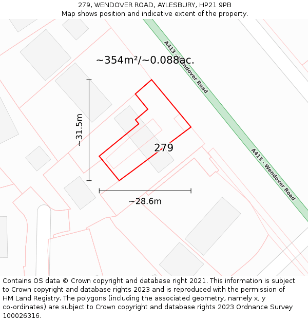 279, WENDOVER ROAD, AYLESBURY, HP21 9PB: Plot and title map