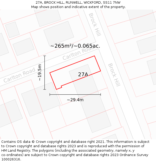 27A, BROCK HILL, RUNWELL, WICKFORD, SS11 7NW: Plot and title map