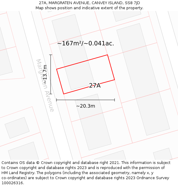 27A, MARGRATEN AVENUE, CANVEY ISLAND, SS8 7JD: Plot and title map