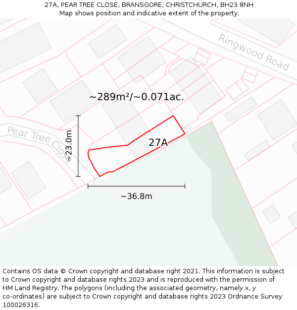 27A, PEAR TREE CLOSE, BRANSGORE, CHRISTCHURCH, BH23 8NH: Plot and title map