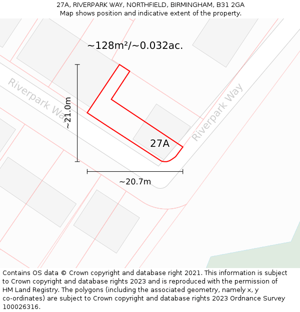 27A, RIVERPARK WAY, NORTHFIELD, BIRMINGHAM, B31 2GA: Plot and title map