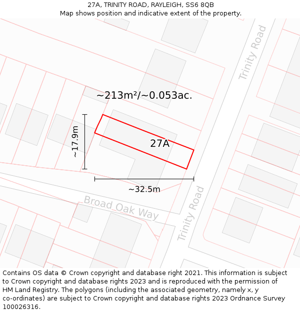 27A, TRINITY ROAD, RAYLEIGH, SS6 8QB: Plot and title map