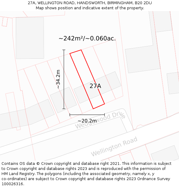 27A, WELLINGTON ROAD, HANDSWORTH, BIRMINGHAM, B20 2DU: Plot and title map