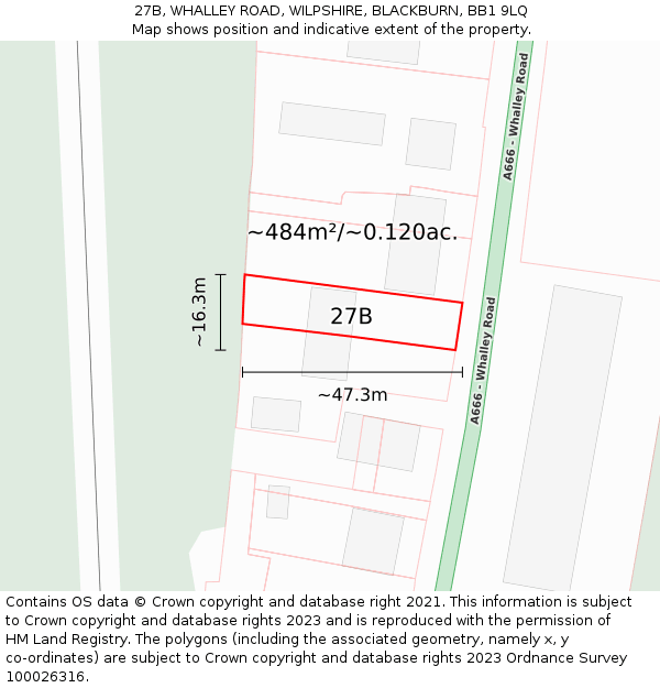 27B, WHALLEY ROAD, WILPSHIRE, BLACKBURN, BB1 9LQ: Plot and title map