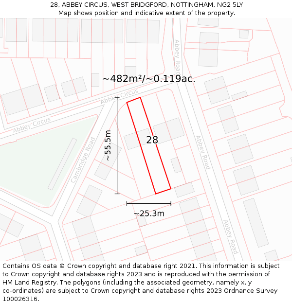 28, ABBEY CIRCUS, WEST BRIDGFORD, NOTTINGHAM, NG2 5LY: Plot and title map