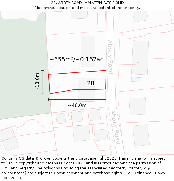 28, ABBEY ROAD, MALVERN, WR14 3HD: Plot and title map