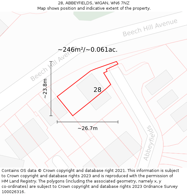 28, ABBEYFIELDS, WIGAN, WN6 7NZ: Plot and title map