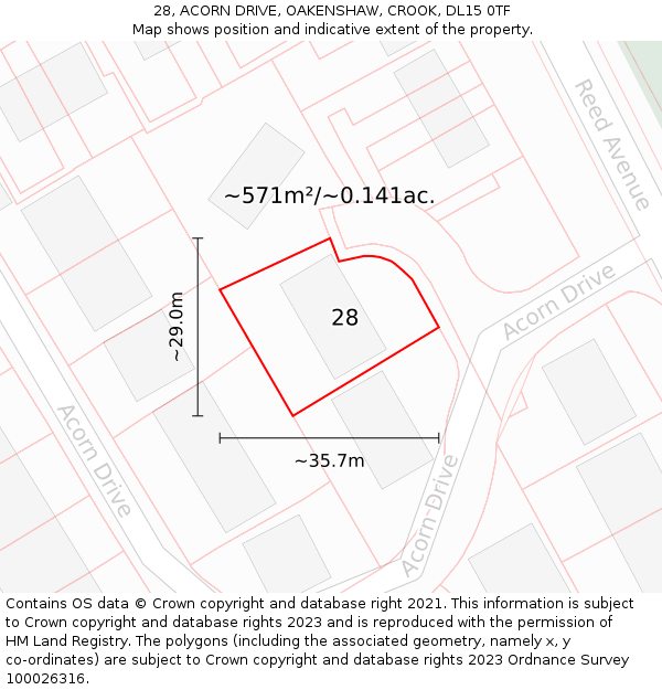 28, ACORN DRIVE, OAKENSHAW, CROOK, DL15 0TF: Plot and title map