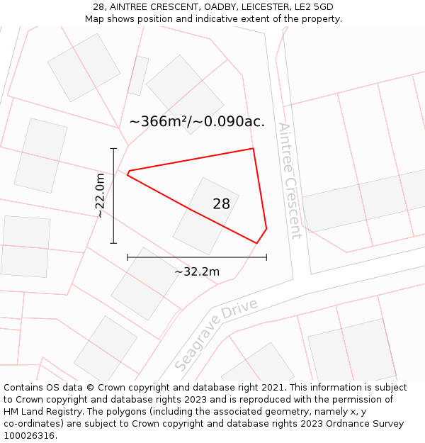 28, AINTREE CRESCENT, OADBY, LEICESTER, LE2 5GD: Plot and title map