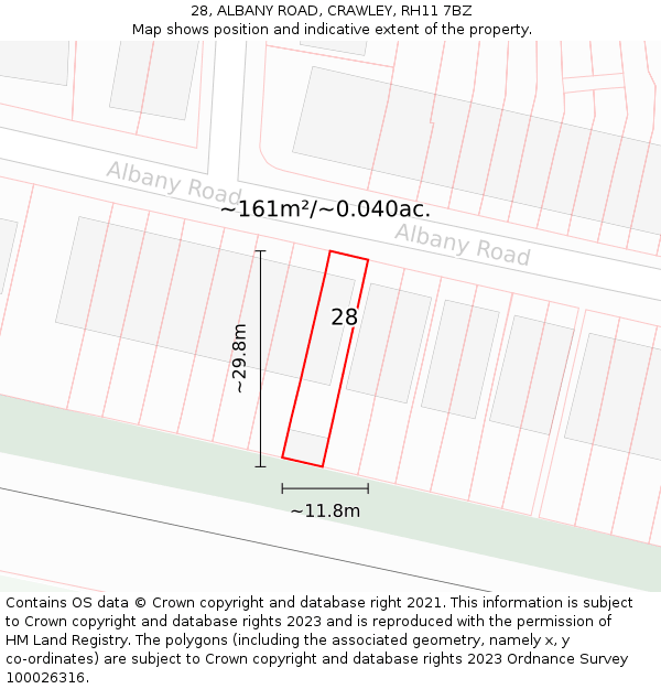 28, ALBANY ROAD, CRAWLEY, RH11 7BZ: Plot and title map