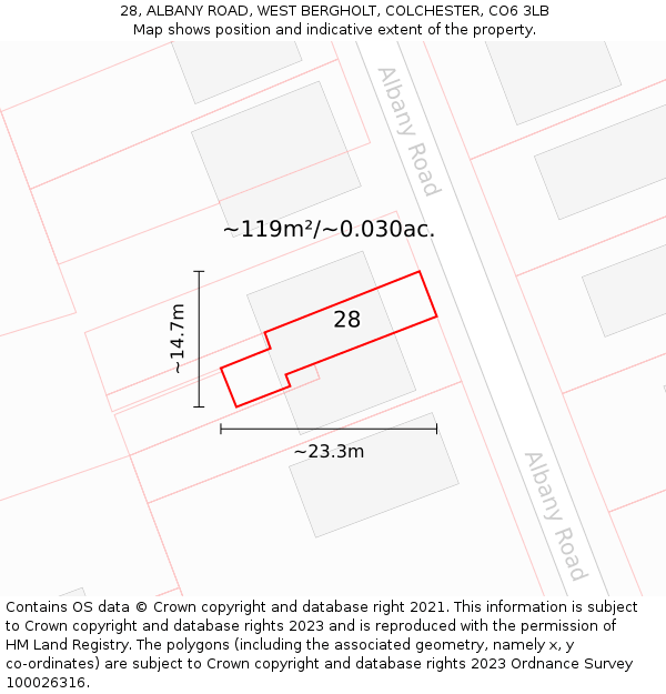 28, ALBANY ROAD, WEST BERGHOLT, COLCHESTER, CO6 3LB: Plot and title map