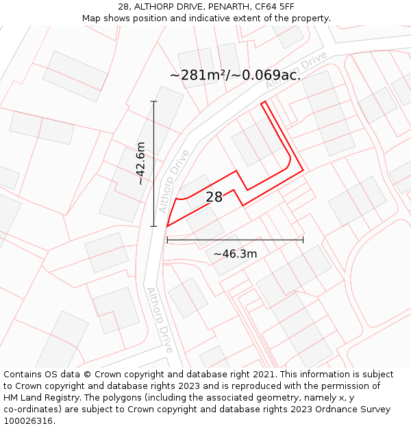 28, ALTHORP DRIVE, PENARTH, CF64 5FF: Plot and title map