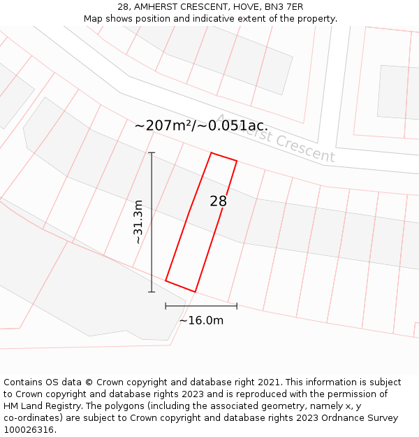 28, AMHERST CRESCENT, HOVE, BN3 7ER: Plot and title map