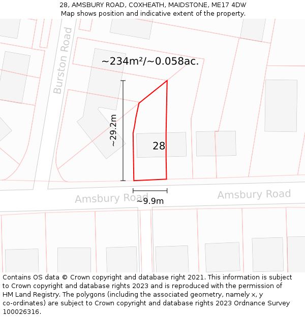 28, AMSBURY ROAD, COXHEATH, MAIDSTONE, ME17 4DW: Plot and title map