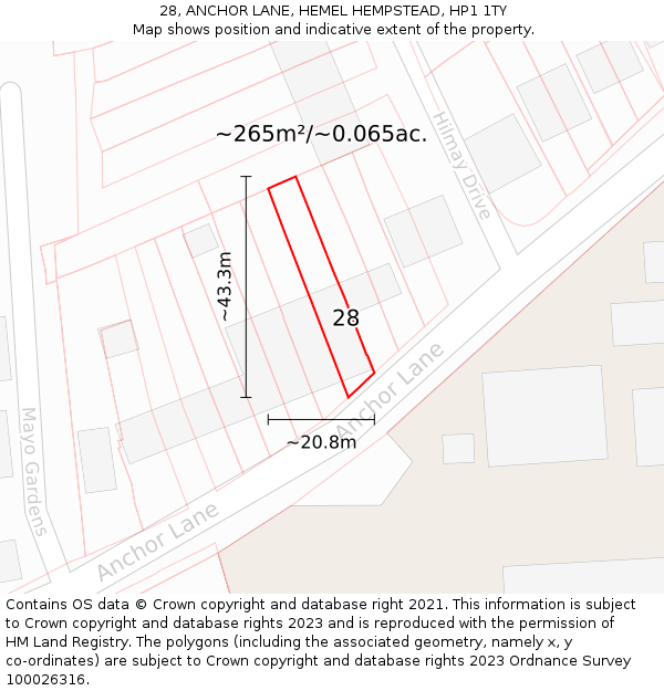 28, ANCHOR LANE, HEMEL HEMPSTEAD, HP1 1TY: Plot and title map