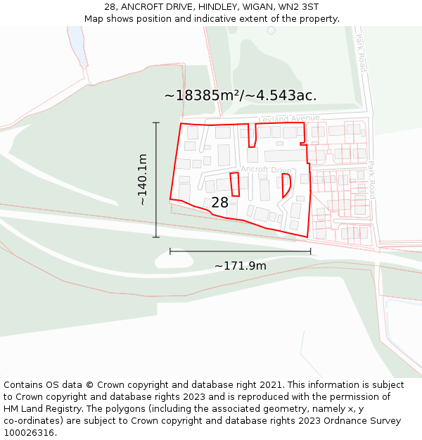 28, ANCROFT DRIVE, HINDLEY, WIGAN, WN2 3ST: Plot and title map