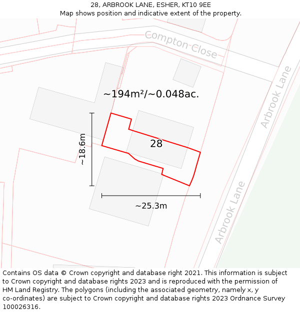 28, ARBROOK LANE, ESHER, KT10 9EE: Plot and title map