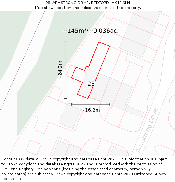 28, ARMSTRONG DRIVE, BEDFORD, MK42 9LN: Plot and title map