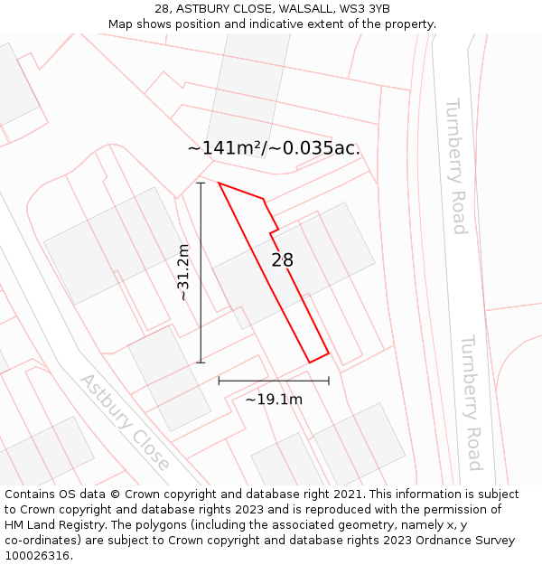 28, ASTBURY CLOSE, WALSALL, WS3 3YB: Plot and title map