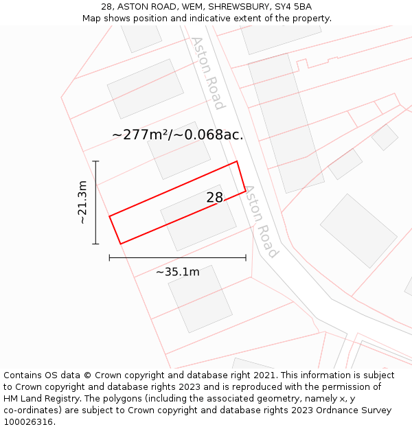 28, ASTON ROAD, WEM, SHREWSBURY, SY4 5BA: Plot and title map