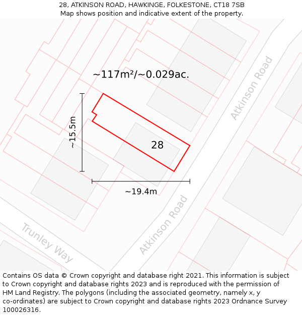 28, ATKINSON ROAD, HAWKINGE, FOLKESTONE, CT18 7SB: Plot and title map