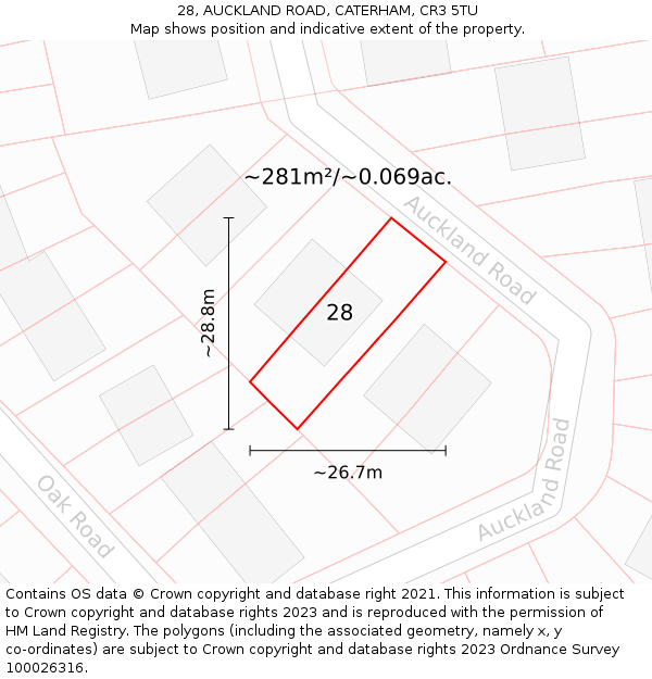 28, AUCKLAND ROAD, CATERHAM, CR3 5TU: Plot and title map