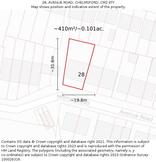 28, AVENUE ROAD, CHELMSFORD, CM2 9TY: Plot and title map