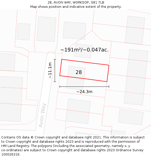 28, AVON WAY, WORKSOP, S81 7LB: Plot and title map