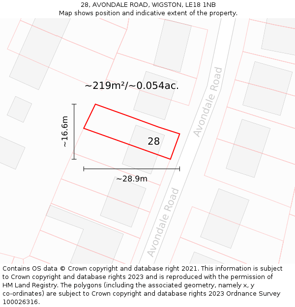 28, AVONDALE ROAD, WIGSTON, LE18 1NB: Plot and title map