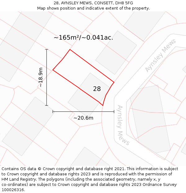 28, AYNSLEY MEWS, CONSETT, DH8 5FG: Plot and title map