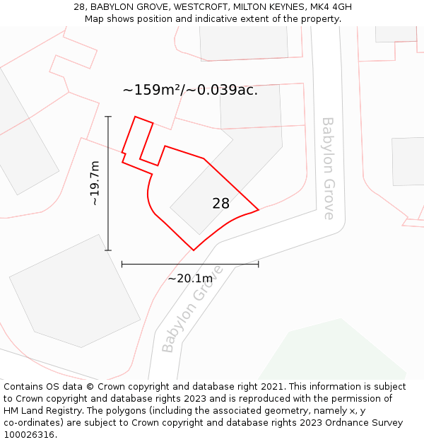 28, BABYLON GROVE, WESTCROFT, MILTON KEYNES, MK4 4GH: Plot and title map