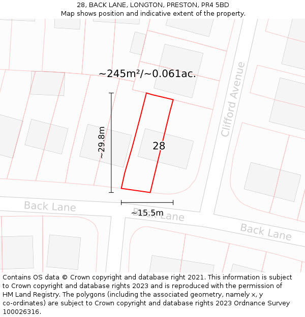 28, BACK LANE, LONGTON, PRESTON, PR4 5BD: Plot and title map