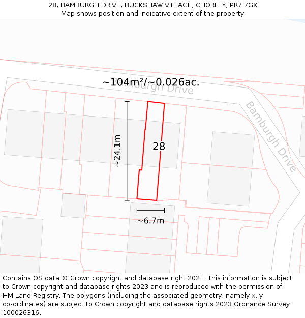 28, BAMBURGH DRIVE, BUCKSHAW VILLAGE, CHORLEY, PR7 7GX: Plot and title map