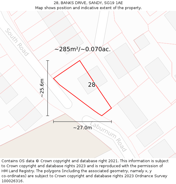 28, BANKS DRIVE, SANDY, SG19 1AE: Plot and title map