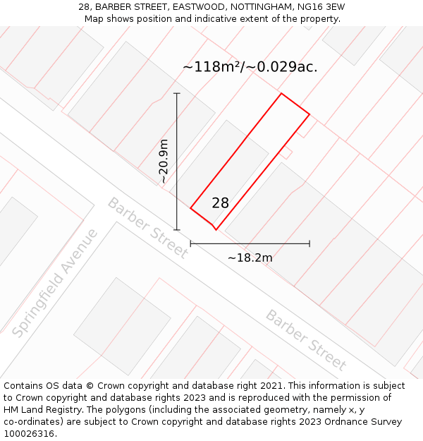 28, BARBER STREET, EASTWOOD, NOTTINGHAM, NG16 3EW: Plot and title map