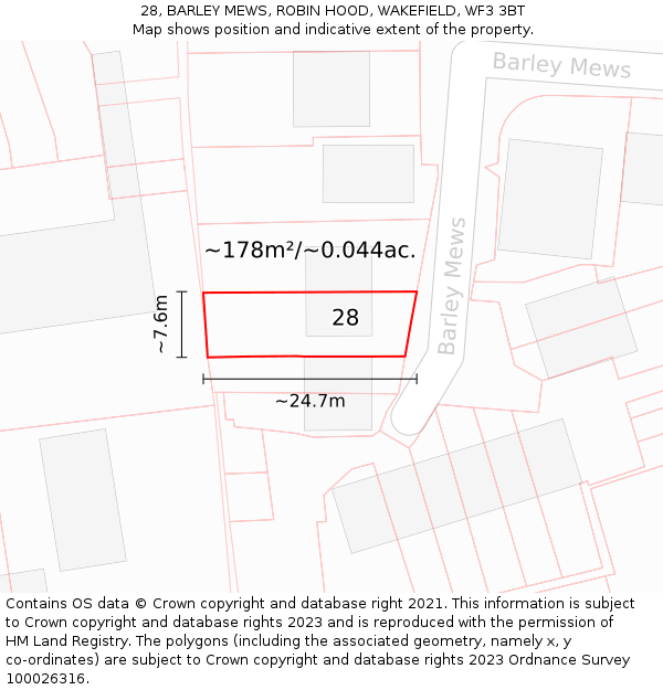 28, BARLEY MEWS, ROBIN HOOD, WAKEFIELD, WF3 3BT: Plot and title map