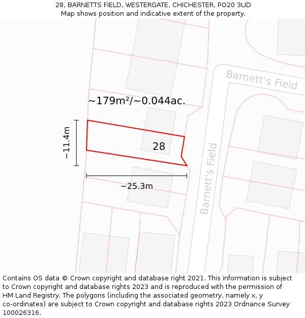 28, BARNETTS FIELD, WESTERGATE, CHICHESTER, PO20 3UD: Plot and title map